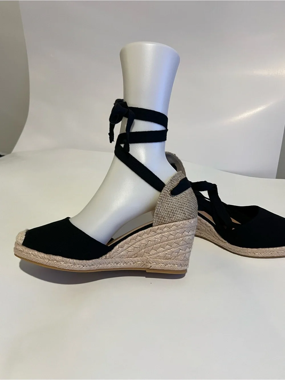 Black Espadrille Wedge Sandals with Ankle Wrap